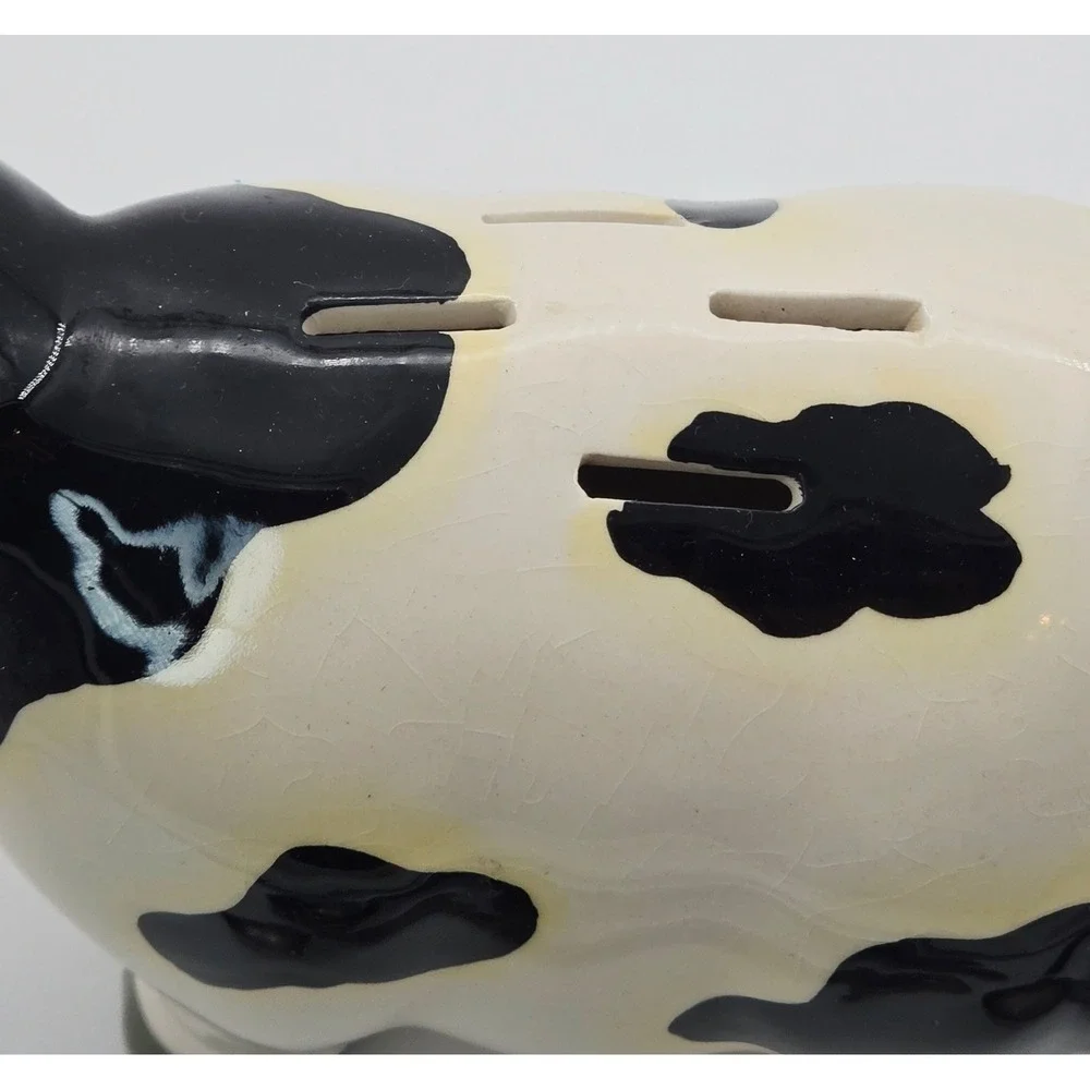 Vtg Ceramic Cow Measuring Spoon Holder with 4 Stainless Steel Spoons Black White